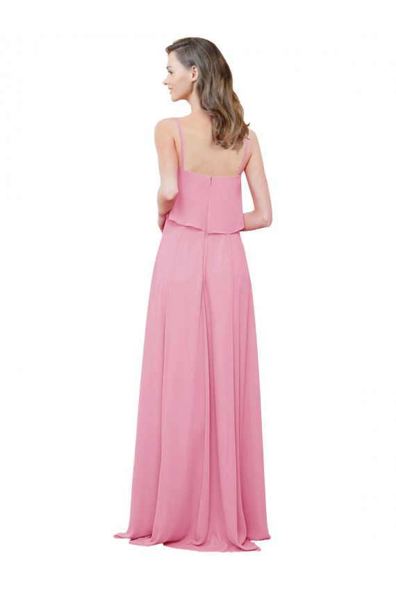 Peau Rose Trapèze Bretelles spaghetti Mousseline Longue Robes demoiselle d'honneur Pas Chère