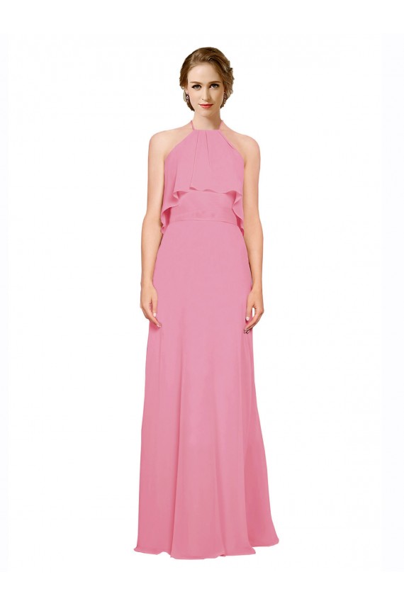 Peau Rose Trapèze Licou Col Haut Mousseline Longue Robes demoiselle d'honneur Pas Chère