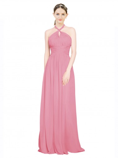 Peau Rose Trapèze Licou Col V Mousseline Longue Robes demoiselle d'honneur Pas Chre