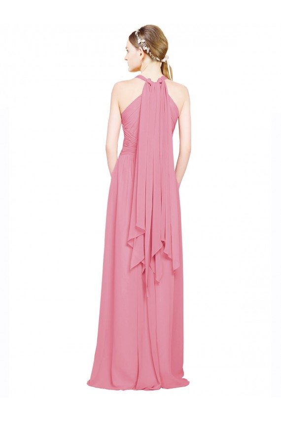 Peau Rose Trapèze Licou Col V Mousseline Longue Robes demoiselle d'honneur Pas Chère