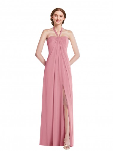 Peau Rose Trapèze Licou Mousseline Longue Robes demoiselle d'honneur Pas Chre