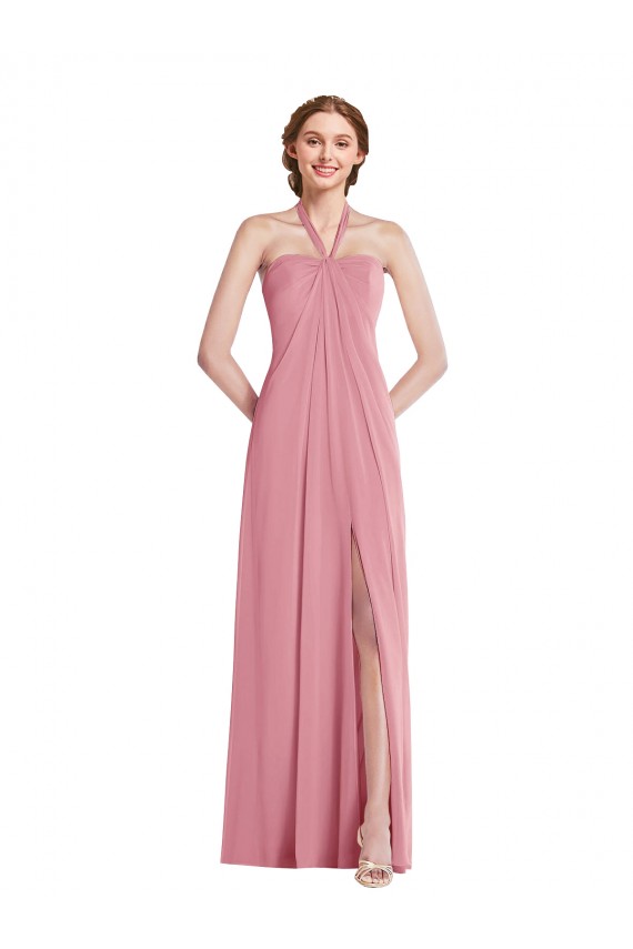 Peau Rose Trapèze Licou Mousseline Longue Robes demoiselle d'honneur Pas Chère