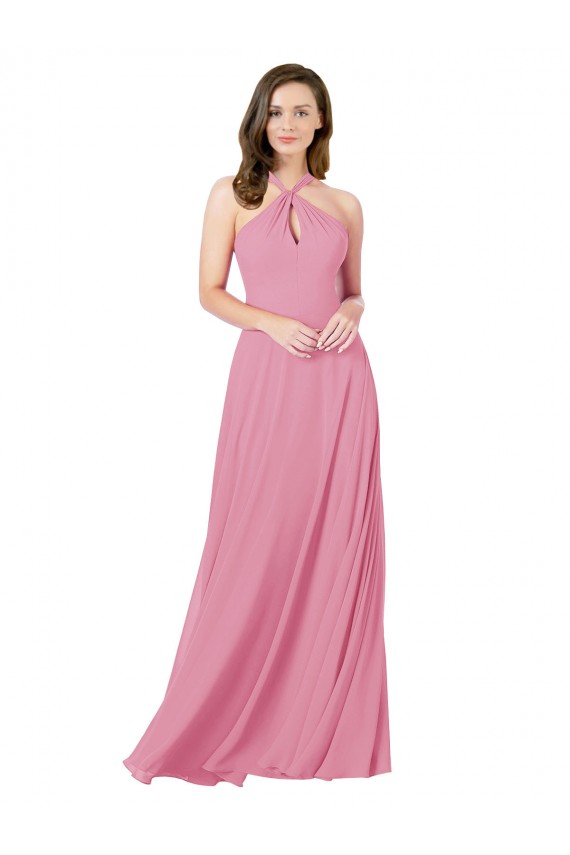 Peau Rose Trapèze Licou Mousseline Longue Robes demoiselle d'honneur / Robes de bal Pas Chère