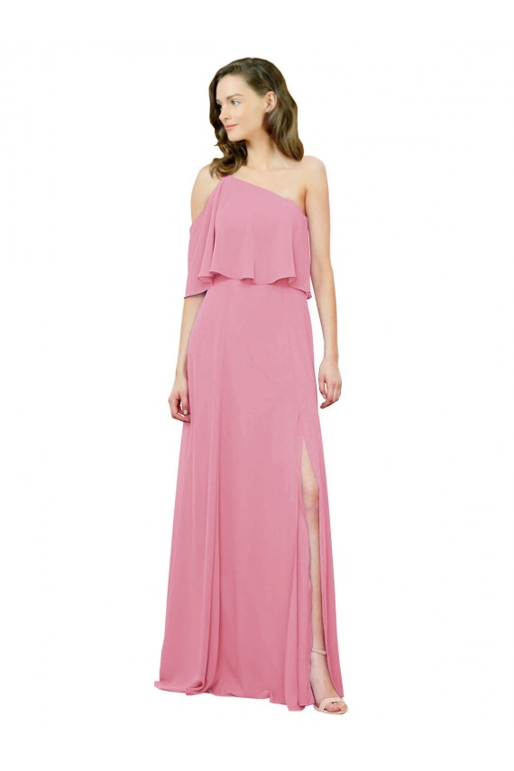 Peau Rose Trapèze Mousseline Longue Robes demoiselle d'honneur Pas Chère