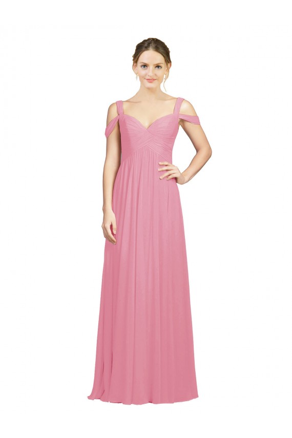 Peau Rose Trapèze Épaule Dénudée Mousseline Longue Robes demoiselle d'honneur Pas Chère