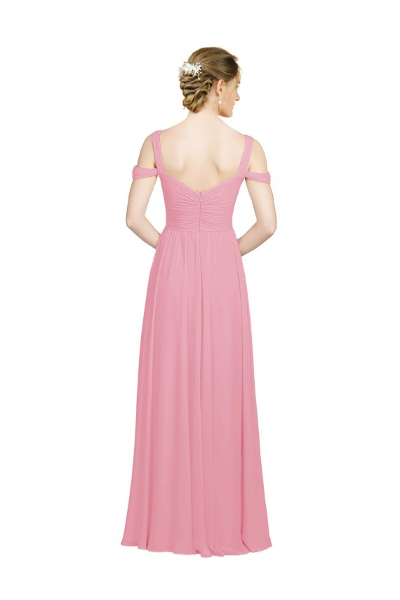 Peau Rose Trapèze Épaule Dénudée Mousseline Longue Robes demoiselle d'honneur Pas Chère