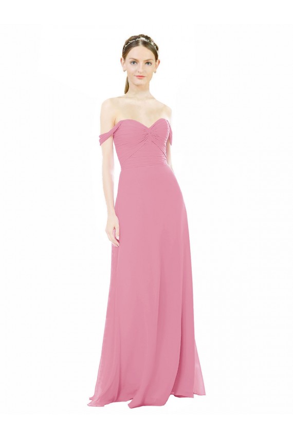 Peau Rose Trapèze Épaule Dénudée Mousseline Longue Robes demoiselle d'honneur Pas Chère