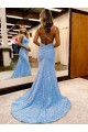 Periwinkle Fourreau Col V Balayage train Paillettes Velours Longue Robes de bal Pas Chère