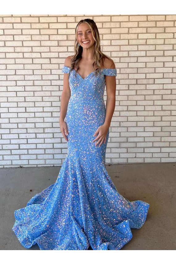 Periwinkle Sirène Épaule Dénudée Paillettes Velours Longue Robes de bal Pas Chère