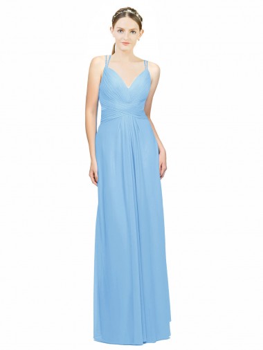 Periwinkle Trapèze Bretelles spaghetti Col V Mousseline Longue Robes demoiselle d'honneur Pas Chre