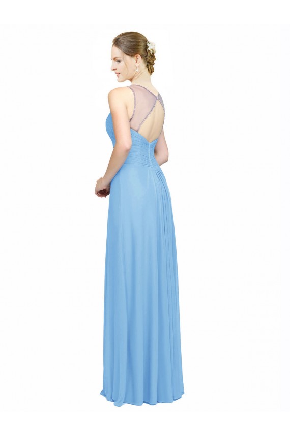 Periwinkle Trapèze Bretelles spaghetti Col V Mousseline Longue Robes demoiselle d'honneur Pas Chère