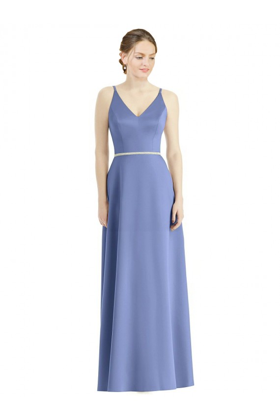 Periwinkle Trapèze Bretelles spaghetti Col V Satiné Longue Robes demoiselle d'honneur Pas Chère