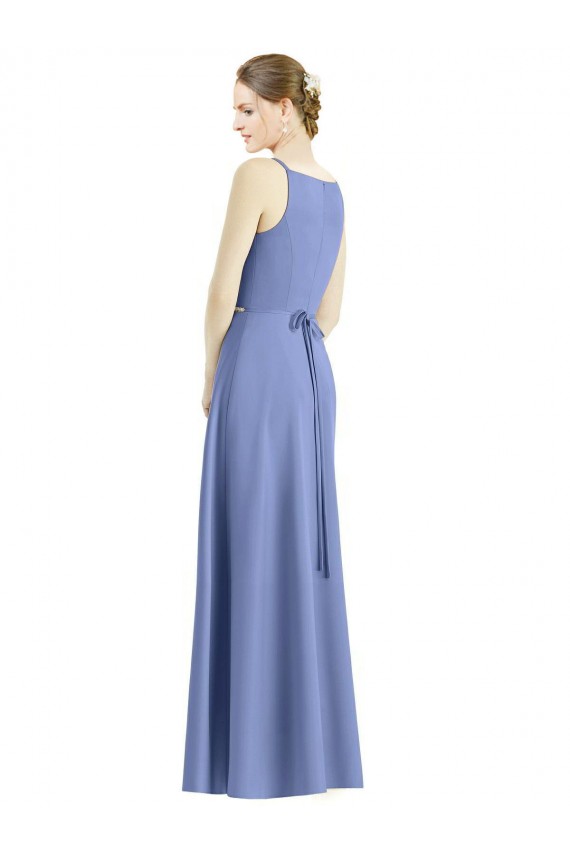 Periwinkle Trapèze Bretelles spaghetti Col V Satiné Longue Robes demoiselle d'honneur Pas Chère