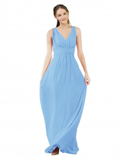 Periwinkle Trapèze Col V Mousseline Longue Robes demoiselle d'honneur Pas Chre