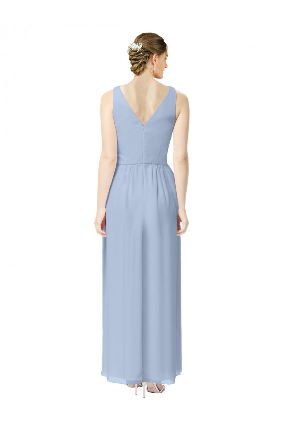 Periwinkle Trapèze Col V Mousseline Longue Robes demoiselle d'honneur Pas Chère