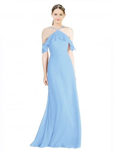 Periwinkle Trapèze Licou Mousseline Longue Robes demoiselle d'honneur Pas Chre