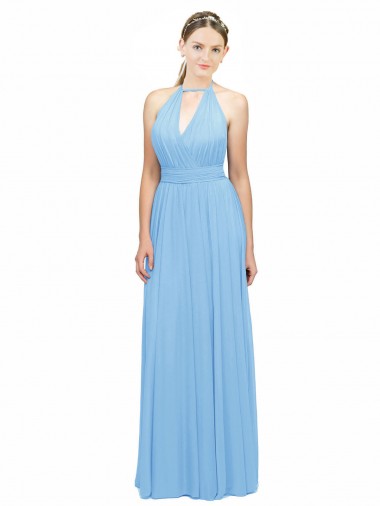 Periwinkle Trapèze Licou Mousseline Longue Robes demoiselle d'honneur Pas Chre