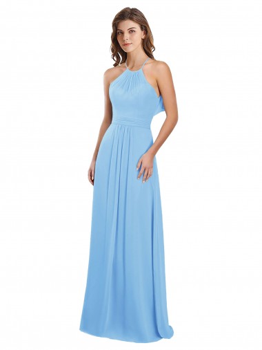Periwinkle Trapèze Licou Mousseline Longue Robes demoiselle d'honneur Pas Chre