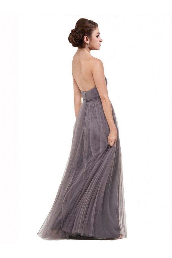Pewter Trapèze Bretelles spaghetti Tulle Longue Robes demoiselle d'honneur Pas Chère