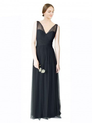 Pewter Trapèze Col V Tulle Longue Robes demoiselle d'honneur Pas Chre