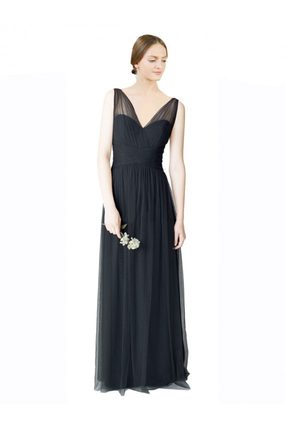 Pewter Trapèze Col V Tulle Longue Robes demoiselle d'honneur Pas Chère