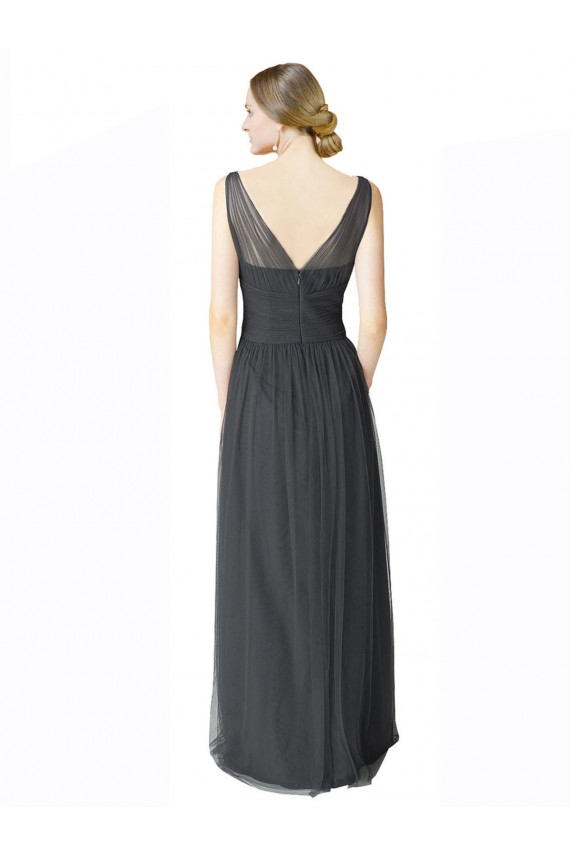 Pewter Trapèze Col V Tulle Longue Robes demoiselle d'honneur Pas Chère