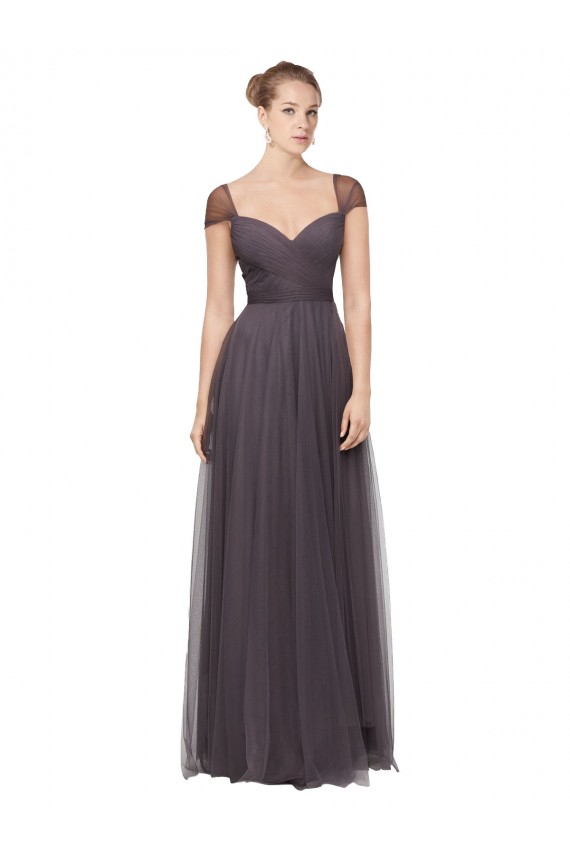 Pewter Trapèze Tulle Longue Robes demoiselle d'honneur Pas Chère