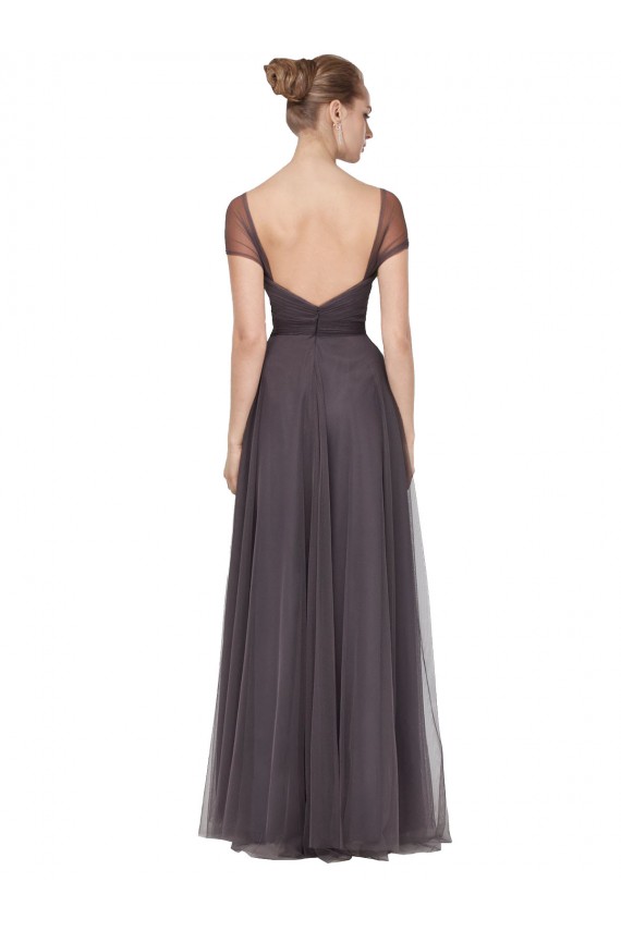 Pewter Trapèze Tulle Longue Robes demoiselle d'honneur Pas Chère