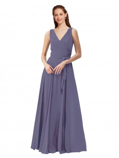 Pierre d'argent Trapèze Col V Mousseline Longue Robes demoiselle d'honneur Pas Chre