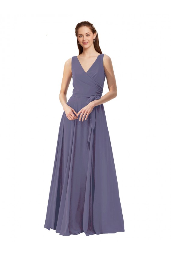 Pierre d'argent Trapèze Col V Mousseline Longue Robes demoiselle d'honneur Pas Chère