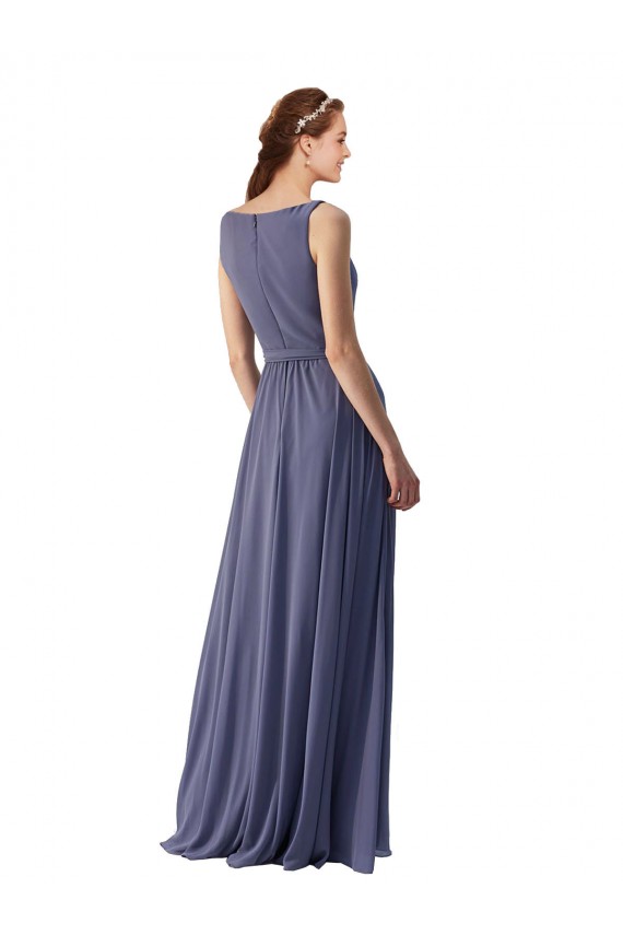 Pierre d'argent Trapèze Col V Mousseline Longue Robes demoiselle d'honneur Pas Chère