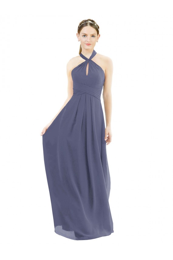 Pierre d'argent Trapèze Licou Mousseline Longue Robes demoiselle d'honneur Pas Chère