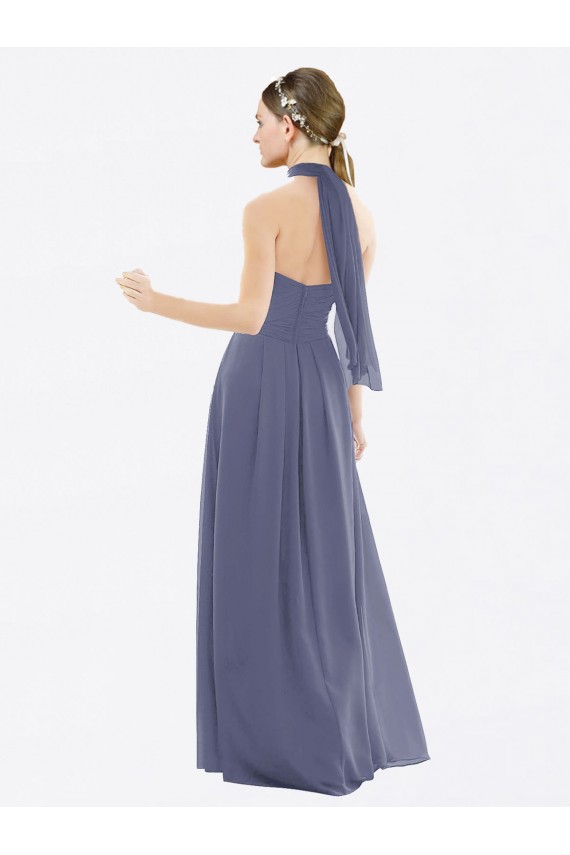 Pierre d'argent Trapèze Licou Mousseline Longue Robes demoiselle d'honneur Pas Chère