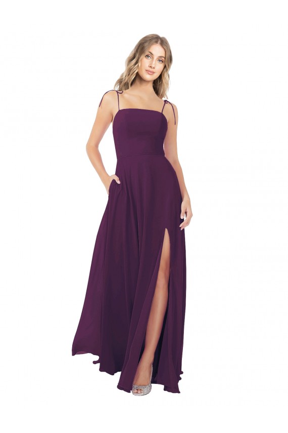 Pourpre Trapèze Bretelles spaghetti Sans bretelle Mousseline Longue Robes demoiselle d'honneur Pas Chère