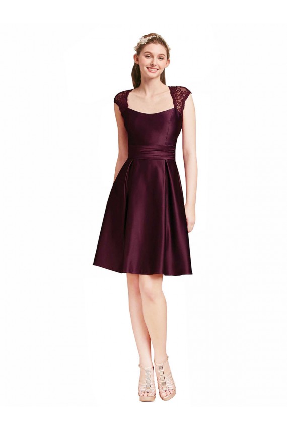 Pourpre Trapèze Col Carré Satiné Dentelle Courte Robes demoiselle d'honneur / Robes de cocktail Pas Chère