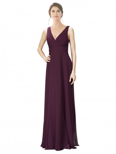 Pourpre Trapèze Col V Mousseline Dentelle Longue Robes demoiselle d'honneur Pas Chre
