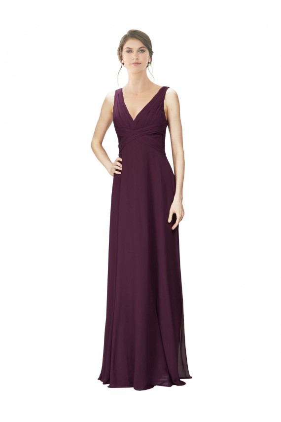 Pourpre Trapèze Col V Mousseline Dentelle Longue Robes demoiselle d'honneur Pas Chère