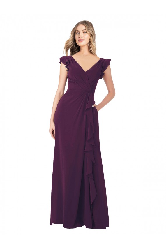 Pourpre Trapèze Col V Mousseline Longue Robes demoiselle d'honneur Pas Chère