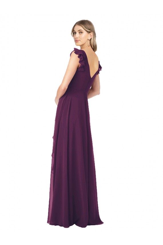 Pourpre Trapèze Col V Mousseline Longue Robes demoiselle d'honneur Pas Chère