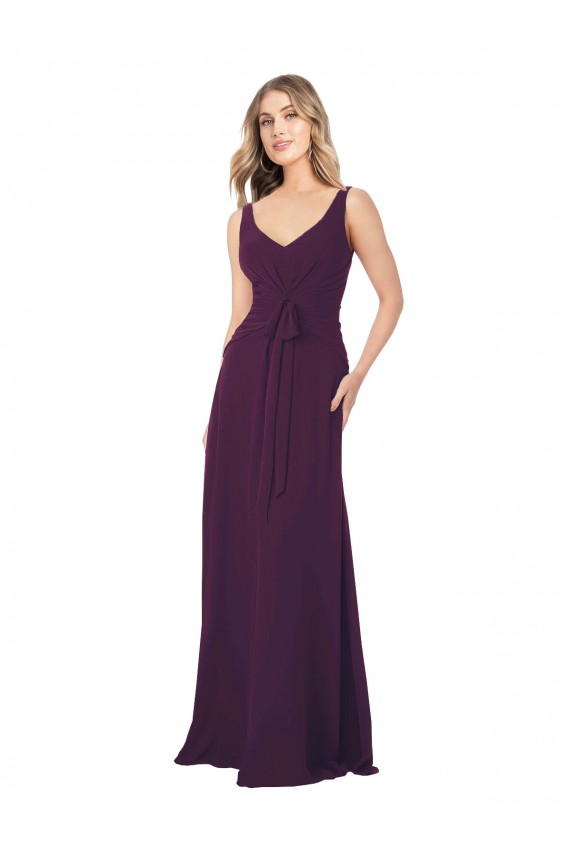 Pourpre Trapèze Col V Mousseline Longue Robes demoiselle d'honneur Pas Chère