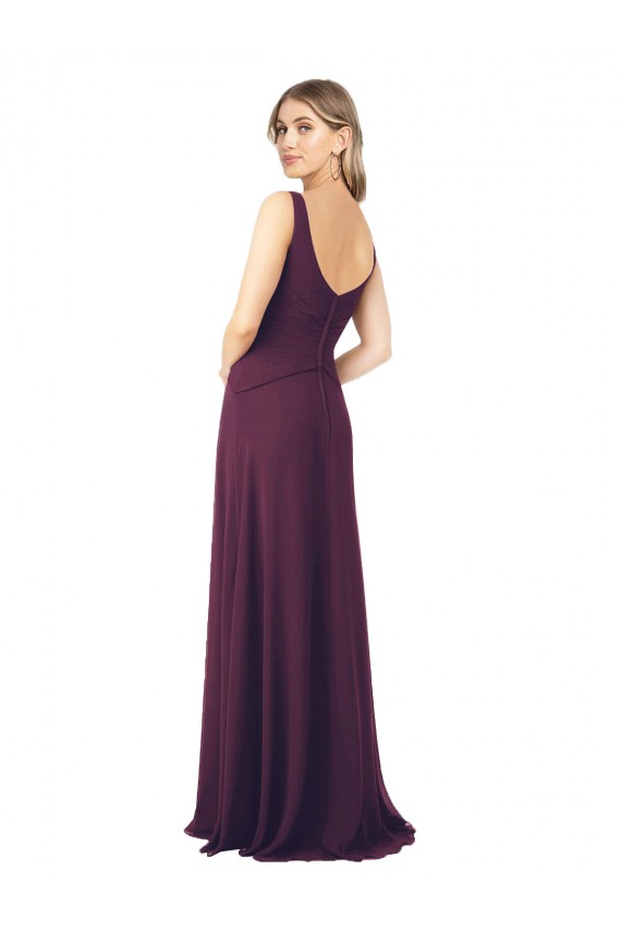 Pourpre Trapèze Col V Mousseline Longue Robes demoiselle d'honneur Pas Chère
