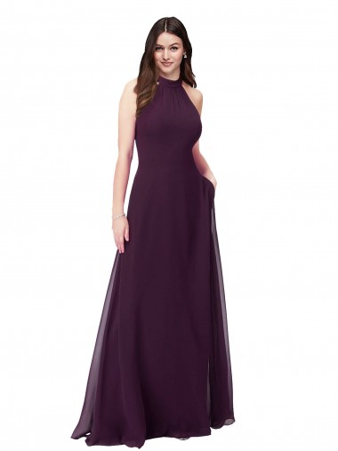 Pourpre Trapèze Licou Col Haut Mousseline Longue Robes demoiselle d'honneur Pas Chre