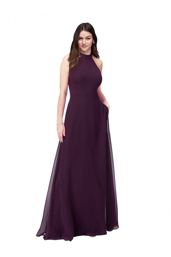 Pourpre Trapèze Licou Col Haut Mousseline Longue Robes demoiselle d'honneur Pas Chère