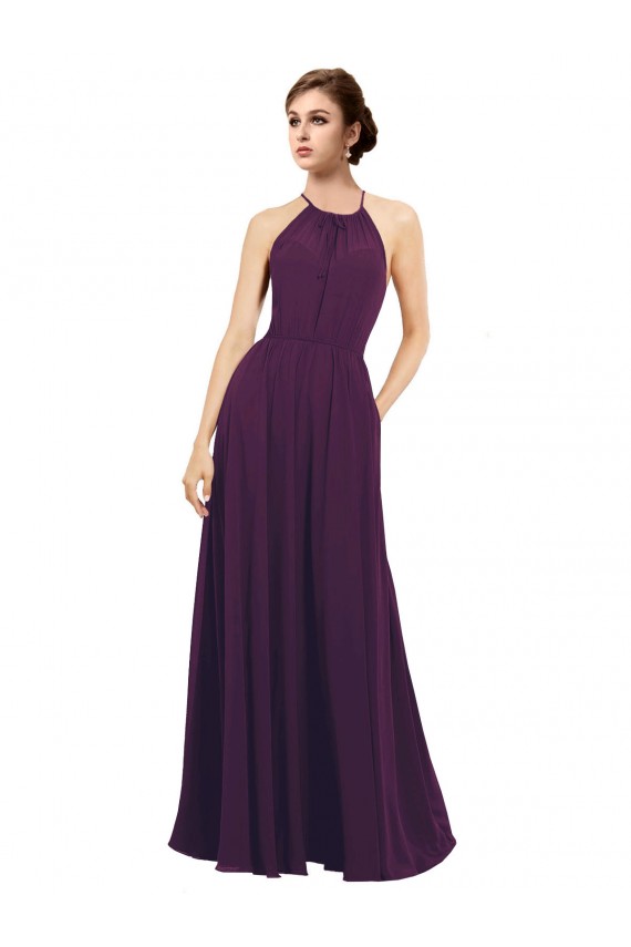 Pourpre Trapèze Licou Mousseline Longue Robes demoiselle d'honneur Pas Chère