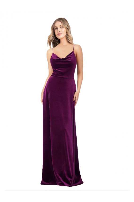 Pourpre Trapèze Scoop Col V Velours Stretch Longue Formelles Robes demoiselle d'honneur / Robes de soirée / Robes de bal Pas Chère