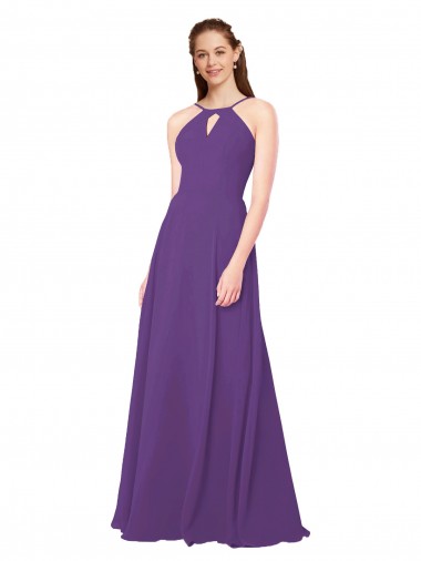 Prune Fourreau Col Haut Mousseline Longue Robes demoiselle d'honneur Pas Chre