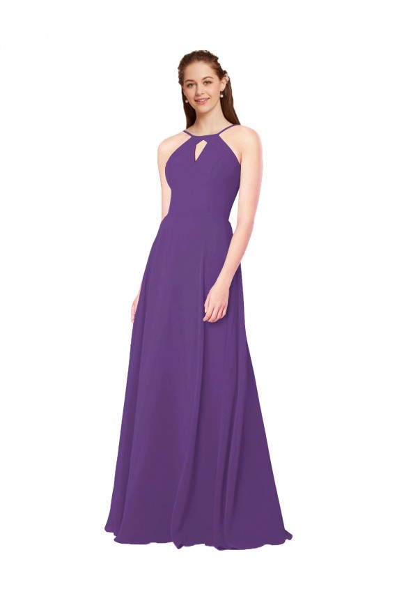 Prune Fourreau Col Haut Mousseline Longue Robes demoiselle d'honneur Pas Chère
