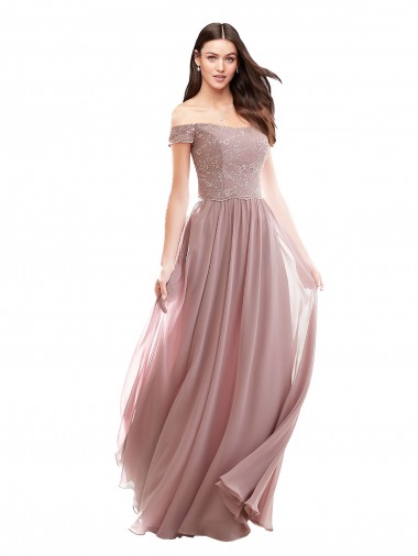 Rose 147 Trapèze Épaule Dénudée Mousseline Dentelle Longue Robes demoiselle d'honneur Pas Chre