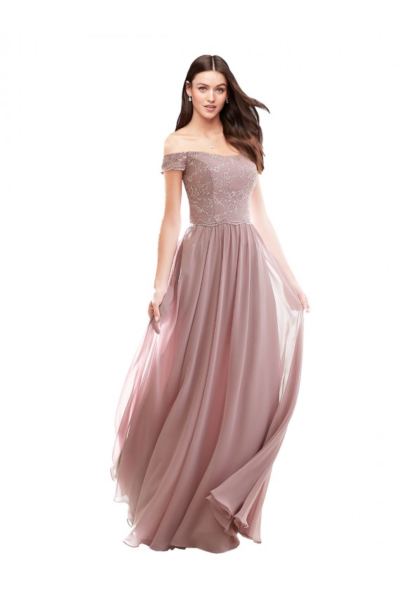 Rose 147 Trapèze Épaule Dénudée Mousseline Dentelle Longue Robes demoiselle d'honneur Pas Chère