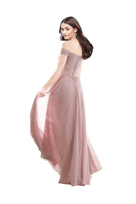 Rose 147 Trapèze Épaule Dénudée Mousseline Dentelle Longue Robes demoiselle d'honneur Pas Chère